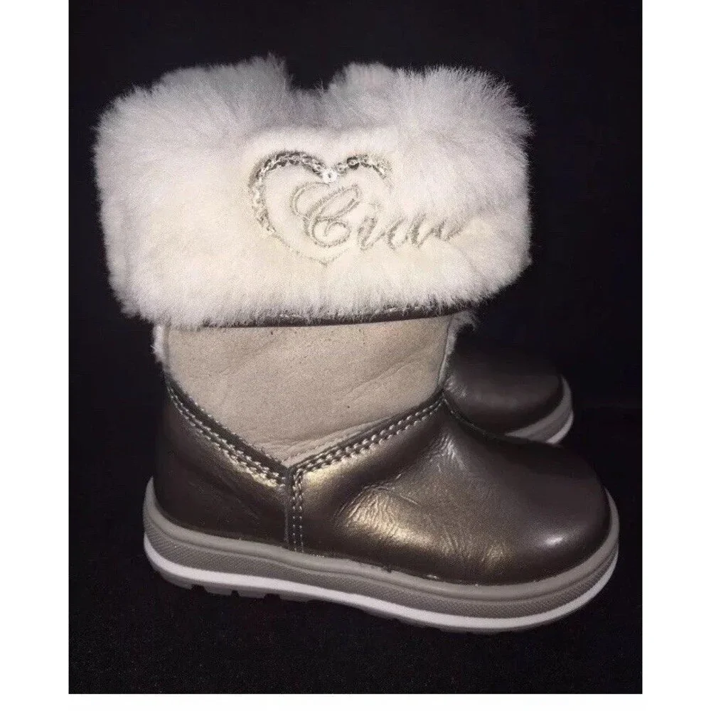 Ciao Bimbi baby Girls Toddler Boots Gold Leather Fur sz us 5.5 Italy eu 21